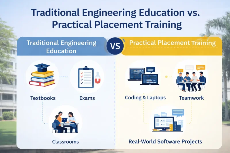 Scoop labs blog, Infographic comparing between traditional engineering education and practical placement training