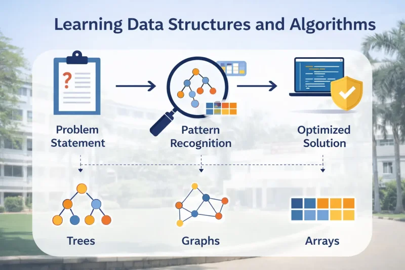 scoop labs, infographic- Data structures and algorithms pattern-based learning flow showing problem solving, optimisation, and interview explanation